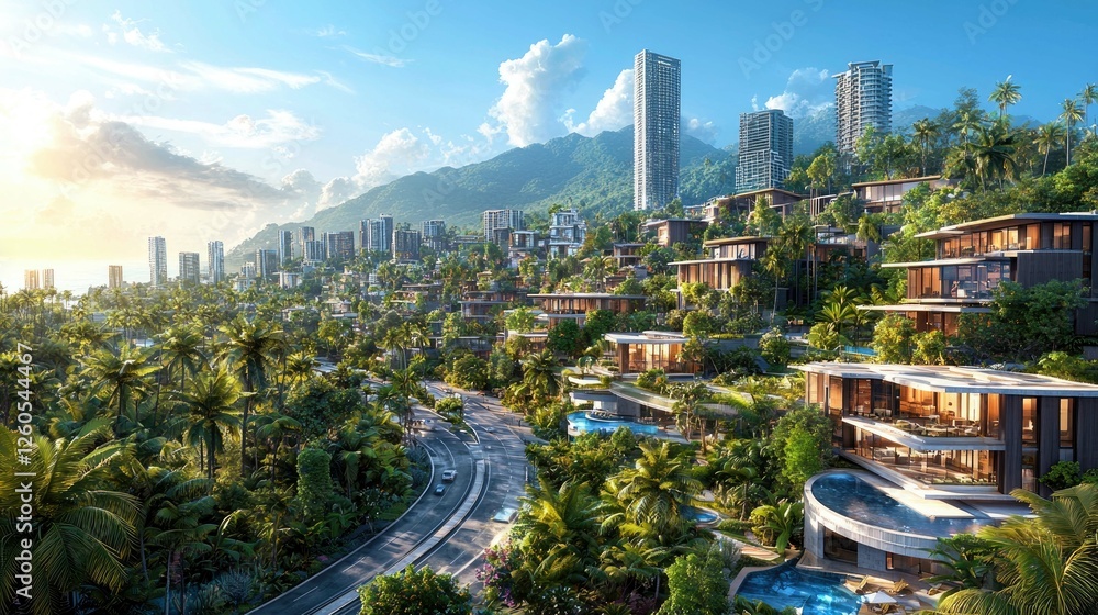 Naklejka premium Luxury Hillside Residences: Tropical Cityscape with Breathtaking Ocean Views