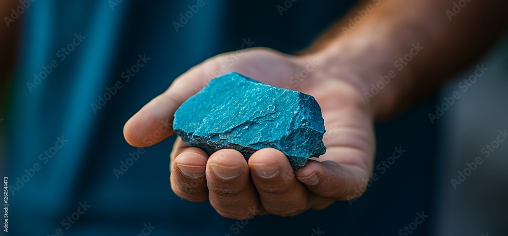 Hand holding blue stone, outdoors, blurred background, nature Hand holding blue stone, outdoors, blurred background, nature