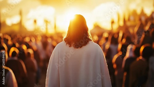 Jesus Christ walks through a picturesque area and prays to God.