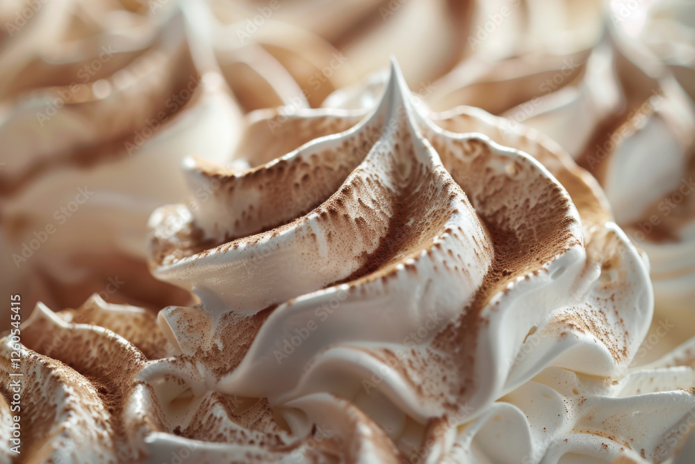 Creamy swirls of whipped topping with cocoa dusting on dessert Creamy swirls of whipped topping with cocoa dusting on dessert