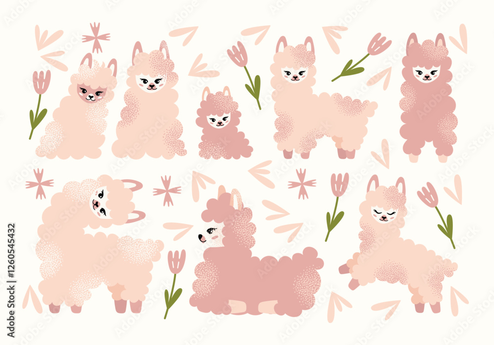 Cute fluffy llamas and alpacas set with flowers isolated on a white background. Mother lama and her baby. Animal and nature-themed concept design. Vector illustration Cute fluffy llamas and alpacas set with flowers isolated on a white background. Mother lama and her baby. Animal and nature-themed concept design. Vector illustration
