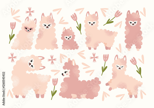 Cute fluffy llamas and alpacas set with flowers isolated on a white background. Mother lama and her baby. Animal and nature-themed concept design. Vector illustration