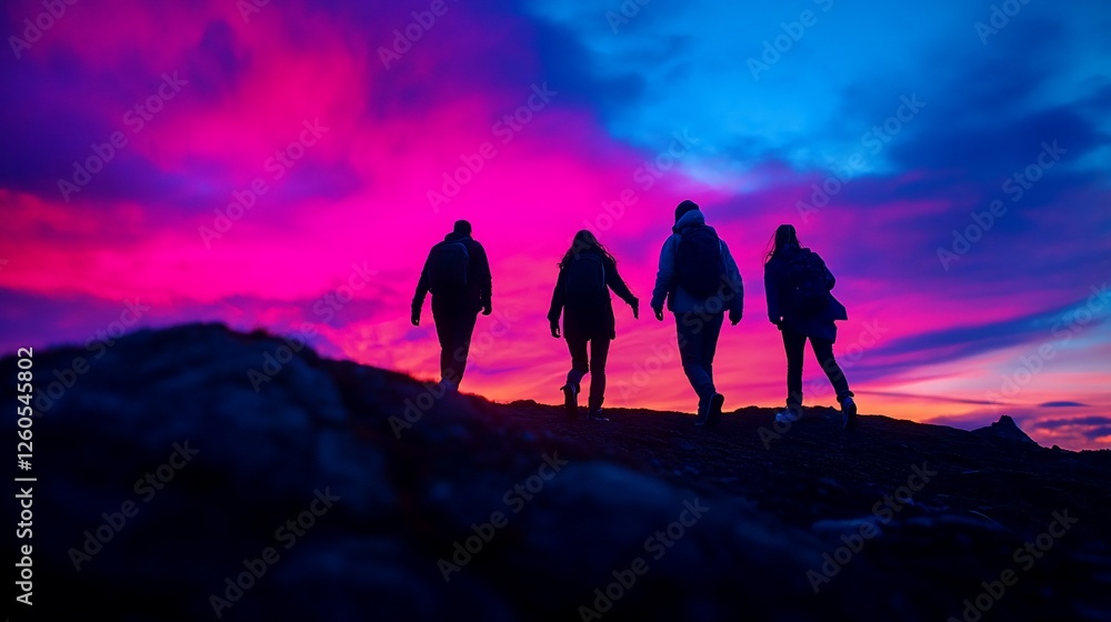 Silhouette hikers reaching a summit against vivid magenta sunset glow Silhouette hikers reaching a summit against vivid magenta sunset glow