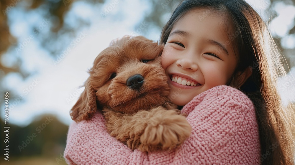 Adorable Girl Hugs Puppy Outdoors Adorable Girl Hugs Puppy Outdoors