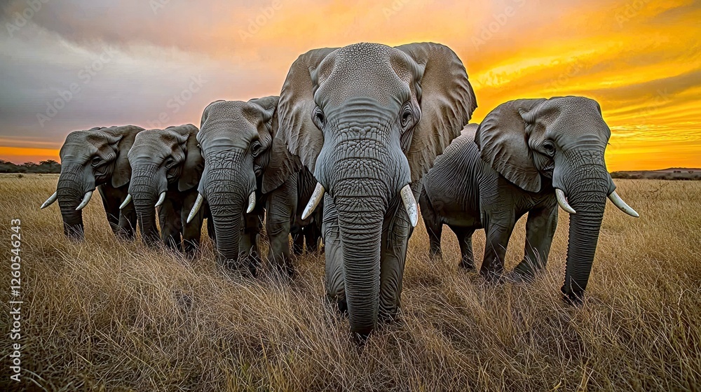 Fototapeta premium Majestic African Elephants at Sunset: A breathtaking wildlife scene in the African savanna. Witness the beauty of nature in this stunning image.