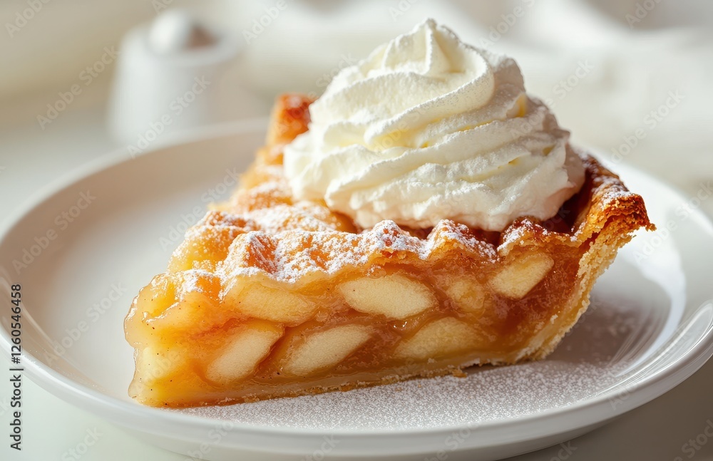Delicious apple pie slice topped with fluffy whipped cream, served on a white plate, showcasing golden crust and fresh apple filling, ideal for dessert lovers. Delicious apple pie slice topped with fluffy whipped cream, served on a white plate, showcasing golden crust and fresh apple filling, ideal for dessert lovers.
