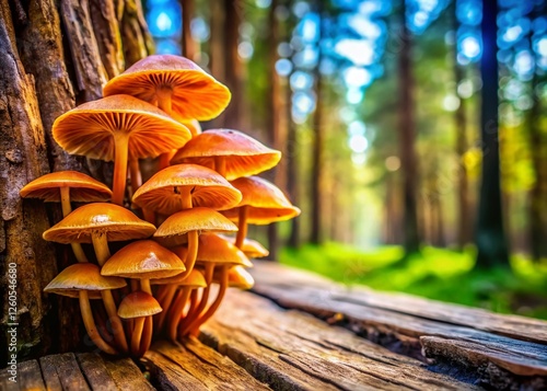 Northern Florida Shelf Mushrooms (Fomitopsidaceae) -  Close-up on Rustic Wood photo