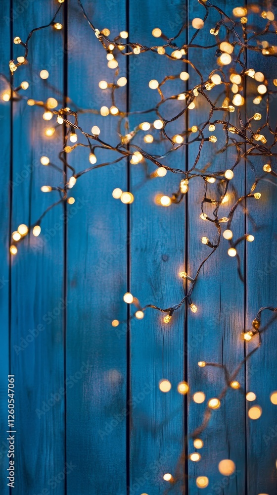 Fototapeta premium Warm Christmas Lights on a Blue Wooden Wall