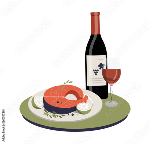 Gourmet Salmon Dish With Red Wine Bottle And Glass In Flat Vector Illustration Symbolizing Fine Dining, Luxury Cuisine, And Restaurant Experience, Isolated On White Background.