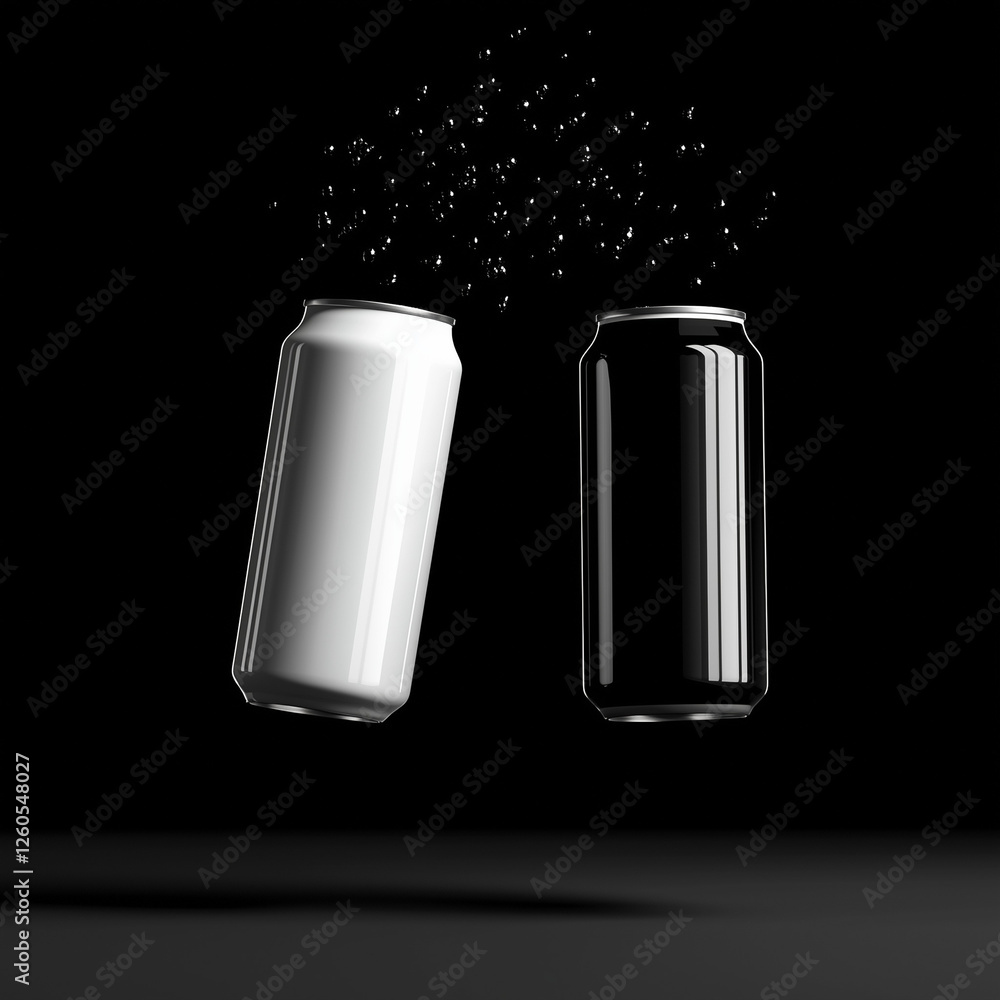 Mockup of Two Empty Aluminum Drink Cans in Black and White on Black Background Mockup of Two Empty Aluminum Drink Cans in Black and White on Black Background