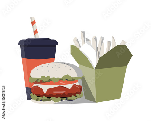 Fast Food Meal With Hamburger, French Fries, And Soda In Flat Vector Illustration Symbolizing Takeaway, Quick Bites, And Junk Food, Isolated On White Background.