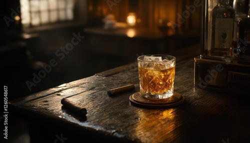 Glass of whiskey with ice and cigars on bar surface
