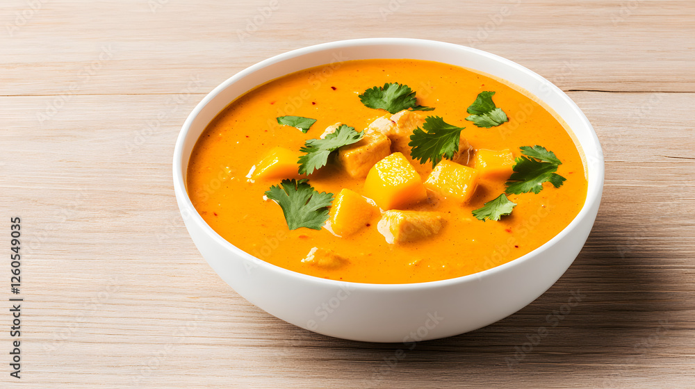 A beautifully plated mango chicken curry in a white bowl, garnished with fresh herbs and spices.
A beautifully plated mango chicken curry in a white bowl, garnished with fresh herbs and spices.