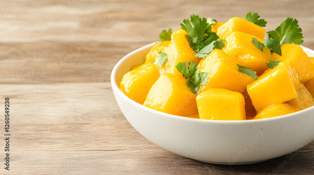 A beautifully plated mango chicken curry in a white bowl, garnished with fresh herbs and spices.
A beautifully plated mango chicken curry in a white bowl, garnished with fresh herbs and spices.