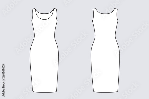 Female dress vector template isolated on a grey background. Front and back view. Outline fashion technical sketch of clothes model 