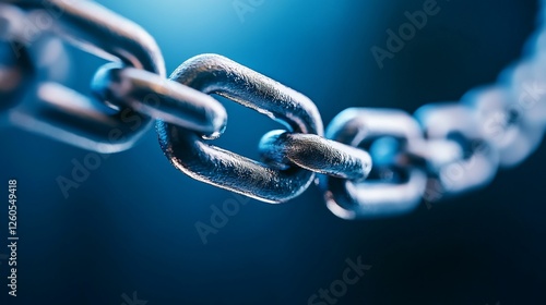 Strong metal chain link, close-up, dark blue background, security concept photo