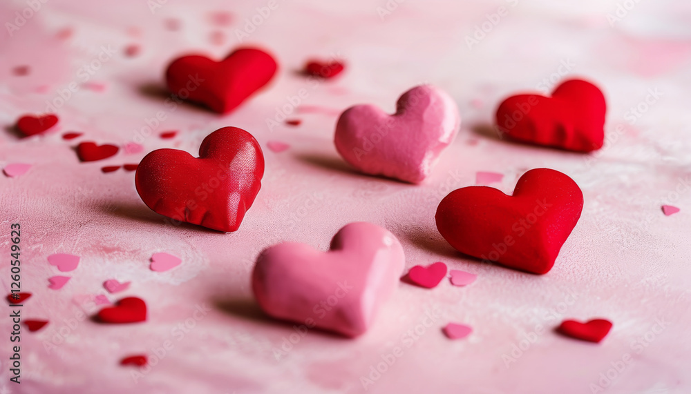 Rote und rosa 3D-Herzen liegen auf einem Aquarell-Hintergrund in sanften Rosatönen. Ein romantisches und künstlerisches Design für Liebe und Valentinstag. Generative KI. Rote und rosa 3D-Herzen liegen auf einem Aquarell-Hintergrund in sanften Rosatönen. Ein romantisches und künstlerisches Design für Liebe und Valentinstag. Generative KI.