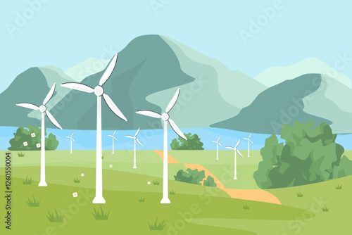 A vector illustration background of a wind farm with mountains. Perfect for projects related to clean energy, environmental conservation, and eco-friendly.