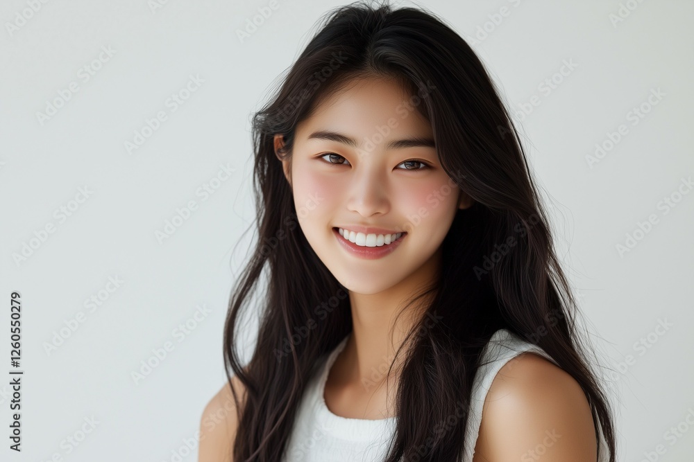 Photograph, a portrait of a long haired young beautiful woman,smiling at the camera Photograph, a portrait of a long haired young beautiful woman,smiling at the camera