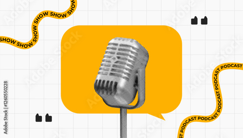 halftone collage, Podcast and talk show concept with a retro microphone, speech bubble, and dynamic text elements. Ideal for podcast branding, radio shows, and voice-related content. Bold, modern, and