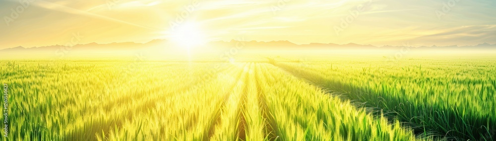 Fototapeta premium A field of green grass with a sun shining on it