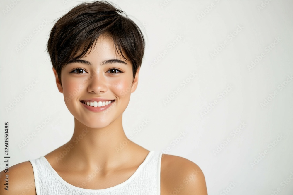 young beautiful woman, short hair, white sleeveless top young beautiful woman, short hair, white sleeveless top