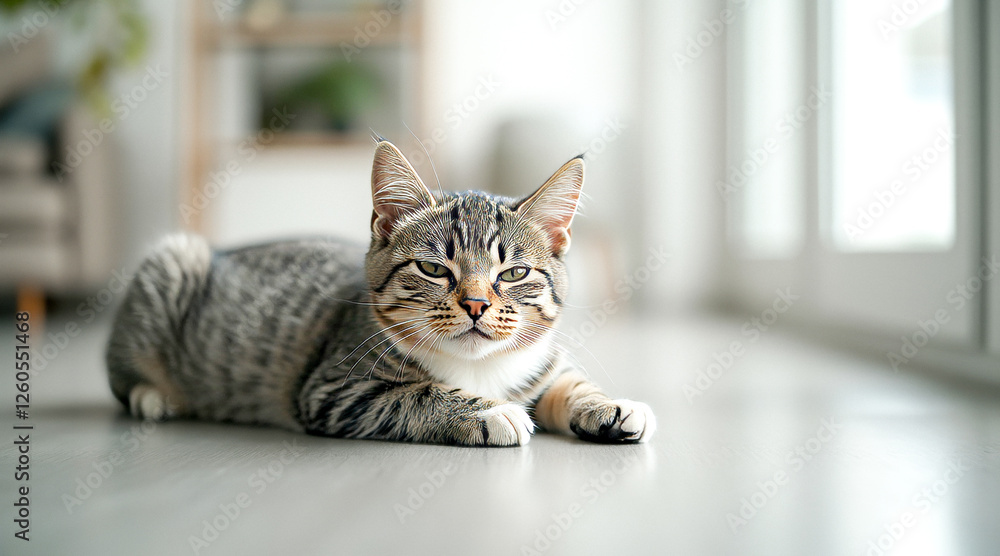 Naklejka premium adorable tabby kitten resting on light gray floor