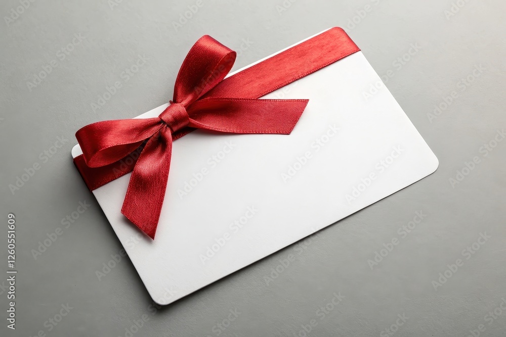 Elegant White Gift Card with Red Ribbon Bow Isolated on Gray Background for Special Occasions Elegant White Gift Card with Red Ribbon Bow Isolated on Gray Background for Special Occasions