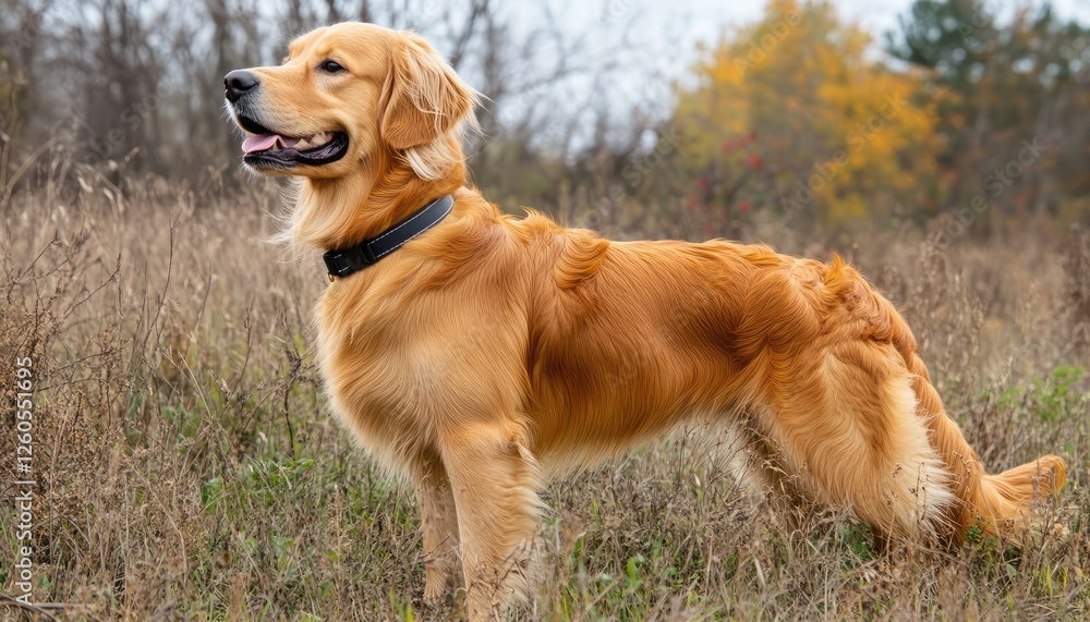 Golden retriever stands alert in a field of dry grass Golden retriever stands alert in a field of dry grass