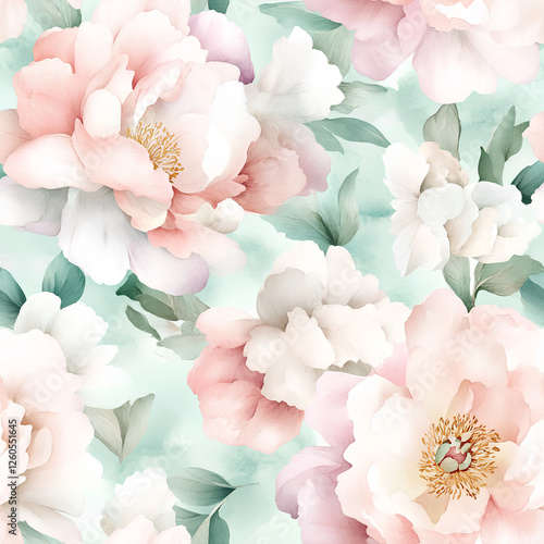 Watercolor-style peonies in pastel shades of blush and mint with delicate petals and soft flowing brushstrokes  
 photo