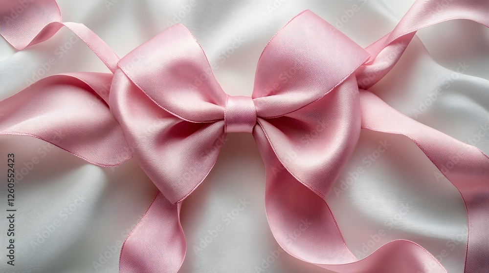 Soft pink satin ribbon bow displays luxurious sheen against clean white background, highlighting delicate fabric texture in centered minimal composition. Soft pink satin ribbon bow displays luxurious sheen against clean white background, highlighting delicate fabric texture in centered minimal composition.