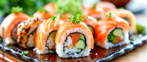 close-up of several salmon sushi rolls artfully arranged on a rustic plate photo