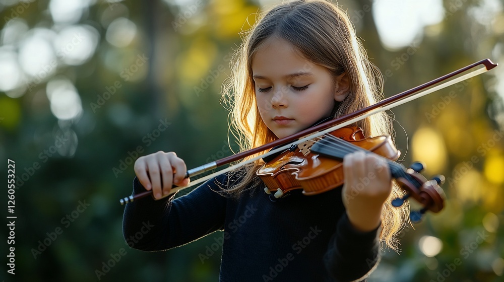 Girl playing violin outdoors, autumn park background Girl playing violin outdoors, autumn park background