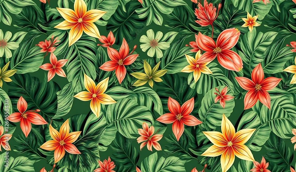 Tropical floral pattern with vibrant yellow and orange lilies, lush green leaves, seamless repeat on dark background, painterly botanical design Tropical floral pattern with vibrant yellow and orange lilies, lush green leaves, seamless repeat on dark background, painterly botanical design