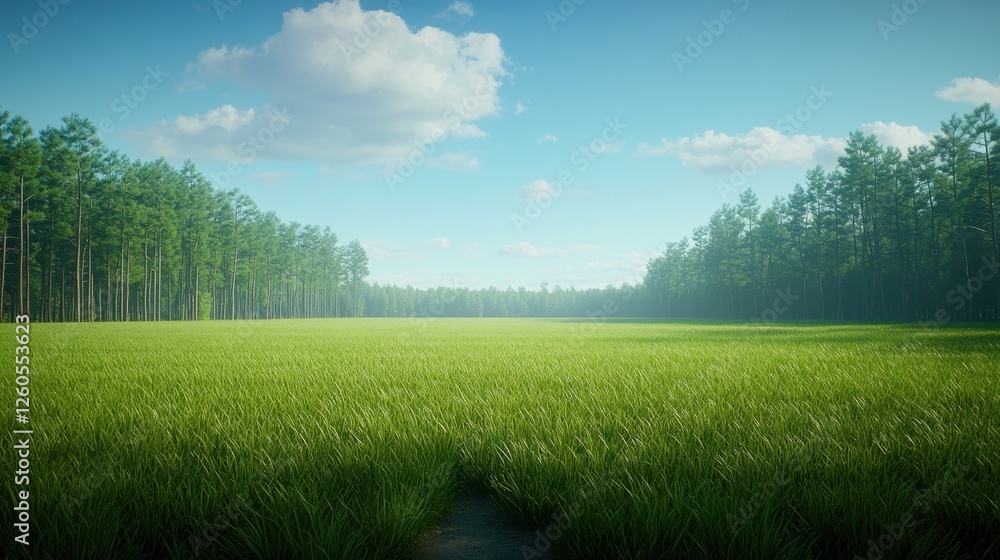 Obraz premium Expansive Green Field Under Clear Blue Sky Surrounded by Lush Green Forest in Daylight