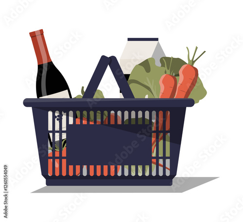 Shopping Basket With Groceries In Flat Vector Illustration Symbolizing Food Shopping, Grocery Store, Retail, And Daily Essentials, Isolated On White Background
