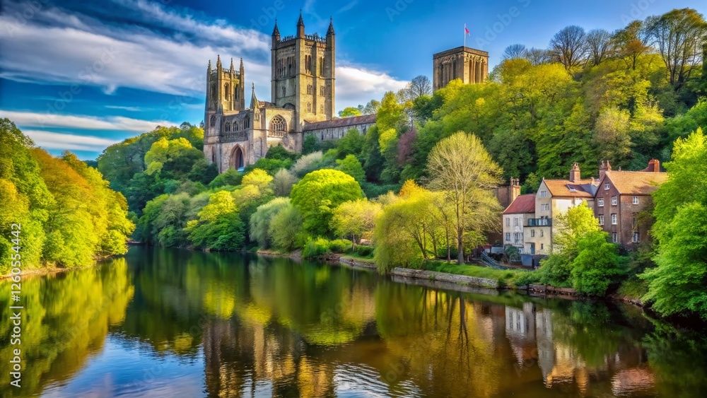 Panoramic Springtime View of Durham Cathedral & River Wear, England Panoramic Springtime View of Durham Cathedral & River Wear, England