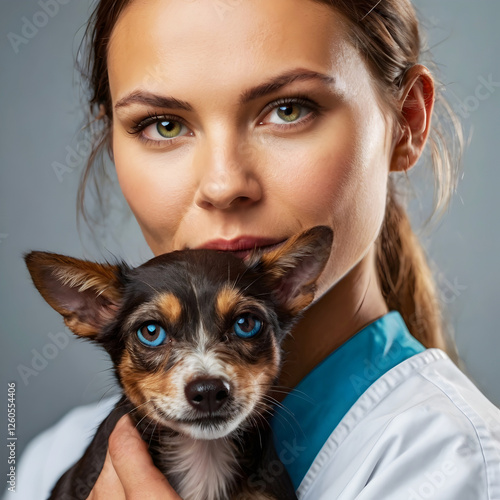 30 year old female veterinary doctor vet long brwn hair in ponytail embracing a little olf dog gipsy race little darker skin photo