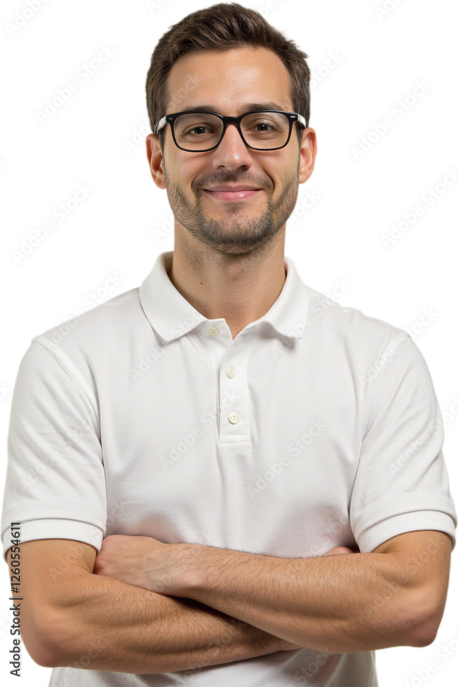 Man displays a friendly, approachable smile while his arms are crossed Man displays a friendly, approachable smile while his arms are crossed