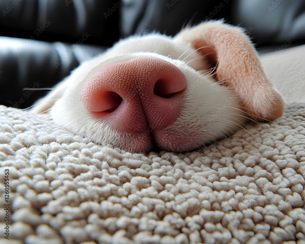 Adorable close-up of a sleeping puppy's pink nose and soft fur, resting peacefully on a textured beige surface.