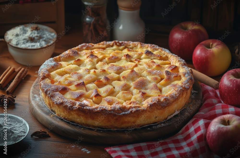 Delicious homemade apple pie with a golden crust, sliced apples on top, rustic wooden table setting, spices, and fresh red apples around Delicious homemade apple pie with a golden crust, sliced apples on top, rustic wooden table setting, spices, and fresh red apples around