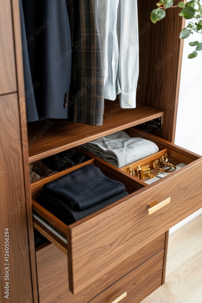 Modern wooden wardrobe with clothes, open drawer. Interior design stock Modern wooden wardrobe with clothes, open drawer. Interior design stock