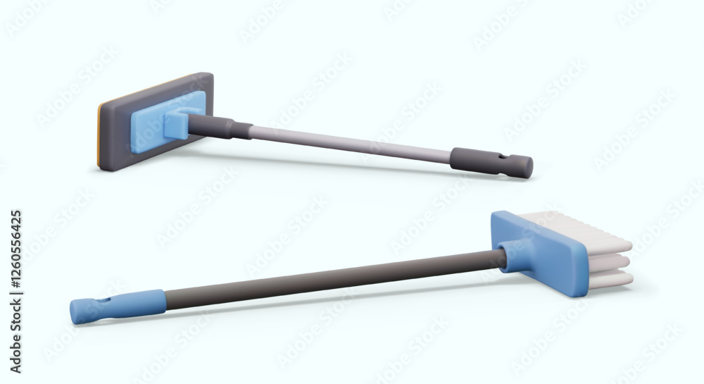 Realistic mop and broom lying down. Recess. Set of insulated tools for dry and wet cleaning. Color devices with long handles. Plastic brush for sweeping Realistic mop and broom lying down. Recess. Set of insulated tools for dry and wet cleaning. Color devices with long handles. Plastic brush for sweeping
