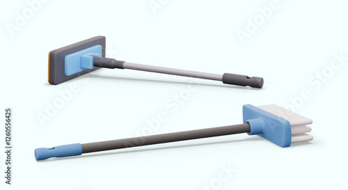 Realistic mop and broom lying down. Recess. Set of insulated tools for dry and wet cleaning. Color devices with long handles. Plastic brush for sweeping