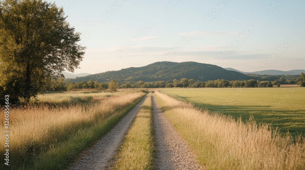 Scenic rural dirt road stretching into the distance, flanked by green fields and golden grass, with rolling hills under a clear blue sky Scenic rural dirt road stretching into the distance, flanked by green fields and golden grass, with rolling hills under a clear blue sky