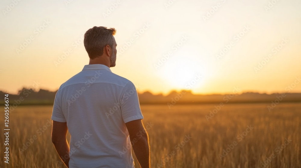 Man in white shirt stands in wheat field watching sunset, with golden sunlight casting warm tones. Peaceful and contemplative atmosphere Man in white shirt stands in wheat field watching sunset, with golden sunlight casting warm tones. Peaceful and contemplative atmosphere