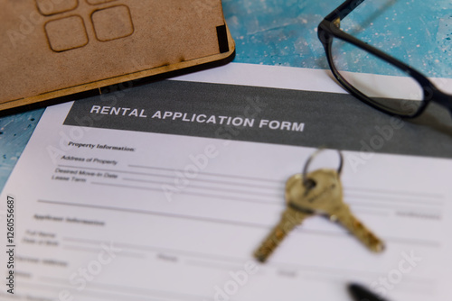 Rental application form with keys and glasses on table