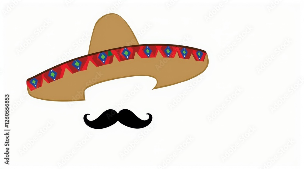 Mexican sombrero with mustache on white background. Minimalist illustration for Cinco de Mayo and Mexican culture themes Mexican sombrero with mustache on white background. Minimalist illustration for Cinco de Mayo and Mexican culture themes