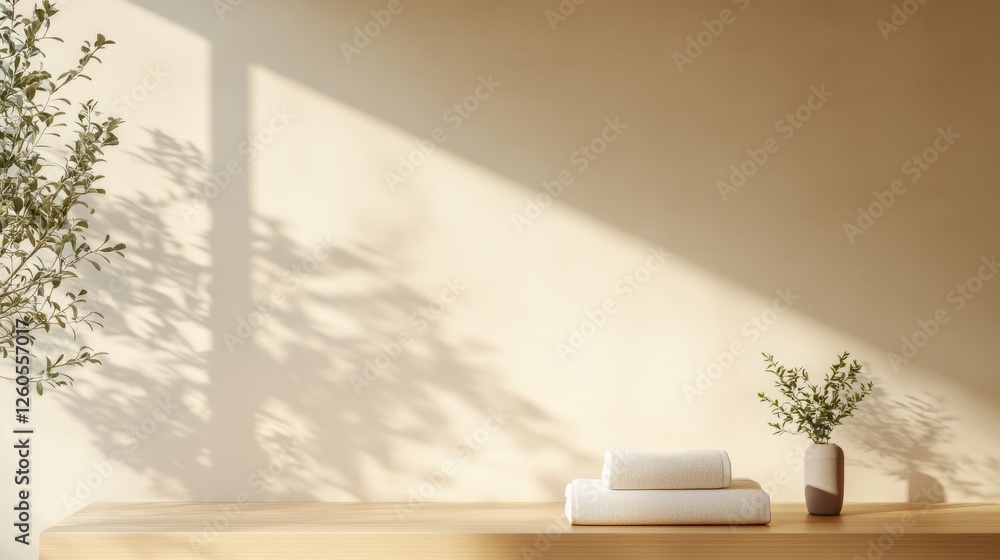 Fototapeta premium Wooden table with potted plant, folded towels, and sunlight casting shadows on a beige wall, creating a warm and serene atmosphere