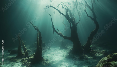 Eerie underwater forest scene with sunbeams piercing through murky water, illuminating submerged trees and a mysterious seabed. Perfect for fantasy, horror, or environmental themes.